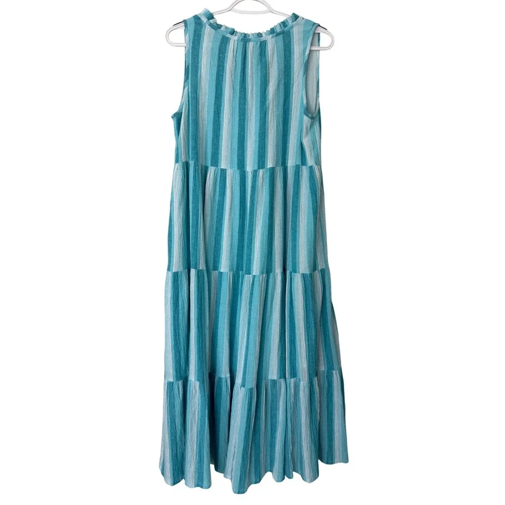 Tuckernuck Teal White Striped Cotton Tiered Maxi Dress Sleeveless Small